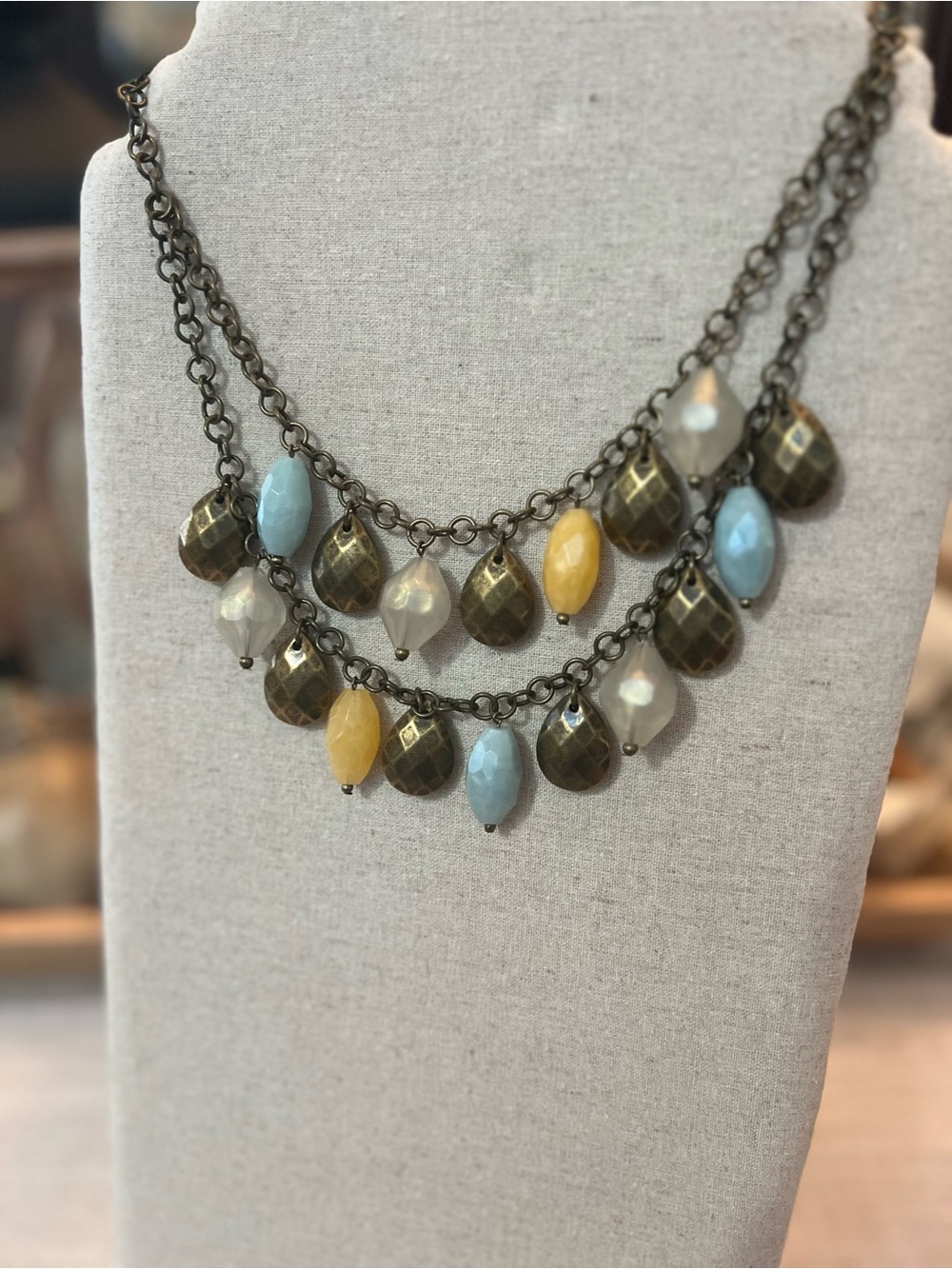 Double Layer Beaded Drop Necklace in Blue, Yellow, Ivory & Bronze
